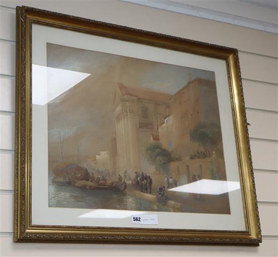 19th century English School, watercolour, Mediterranean harbour scene, 44 x 56cm